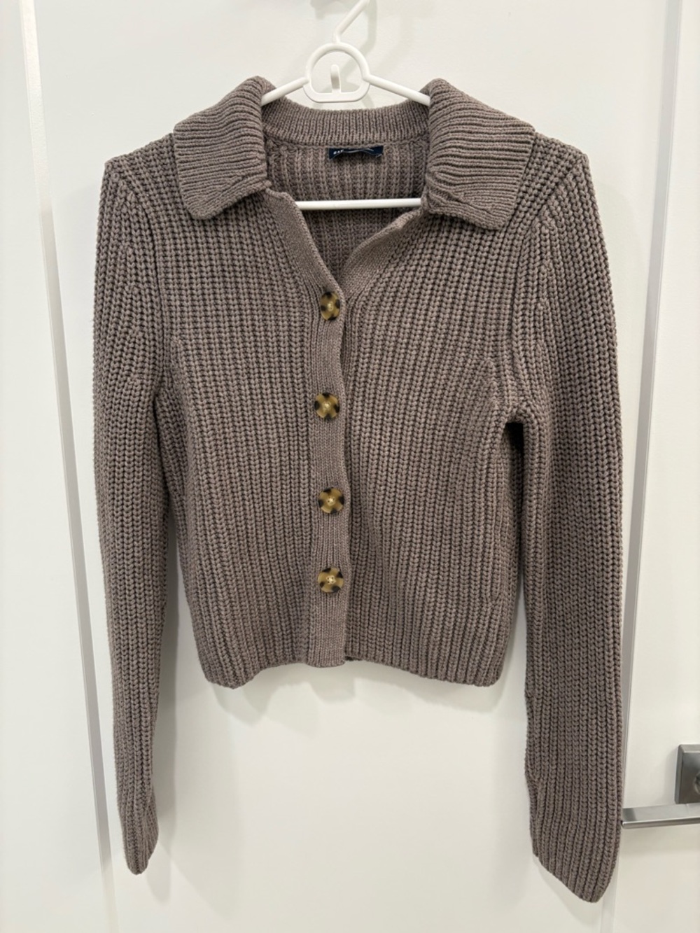 GAP Vintage Style Brown 100% Cotton Collared Cropped Knit Cardigan Sweater Sz S